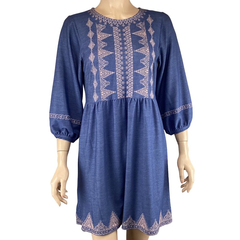 Joy Joy From Monkees Dress Size XS XSMALL Blue Embroidered‎ Long Sleeve Dress